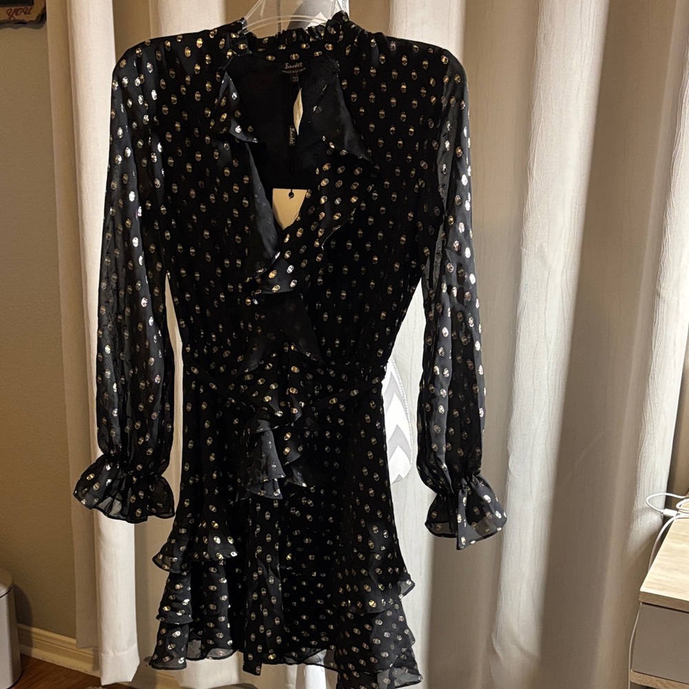Bardot Black and Gold Patterned Long Sleeve Dress